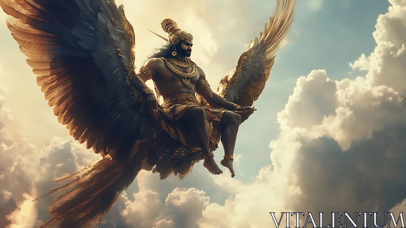 Majestic winged deity soars in golden light above clouds