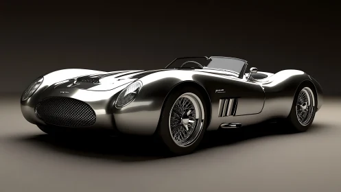 3D studio render of classic silver roadster with sculpted bodywork.
