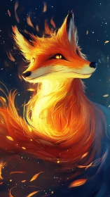 Fiery fox spirit swirling through embers at night sky.