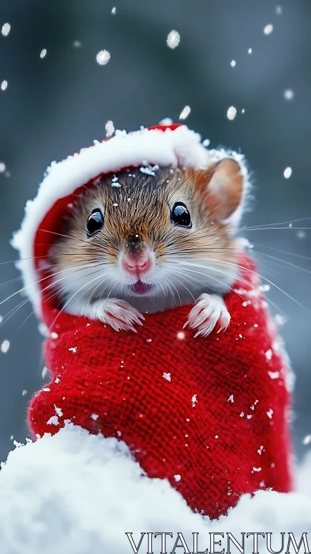 Cute field mouse inside red winter stocking in snow.