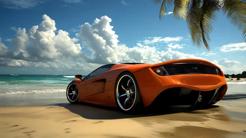 Orange sports car parked on tropical beach shoreline.