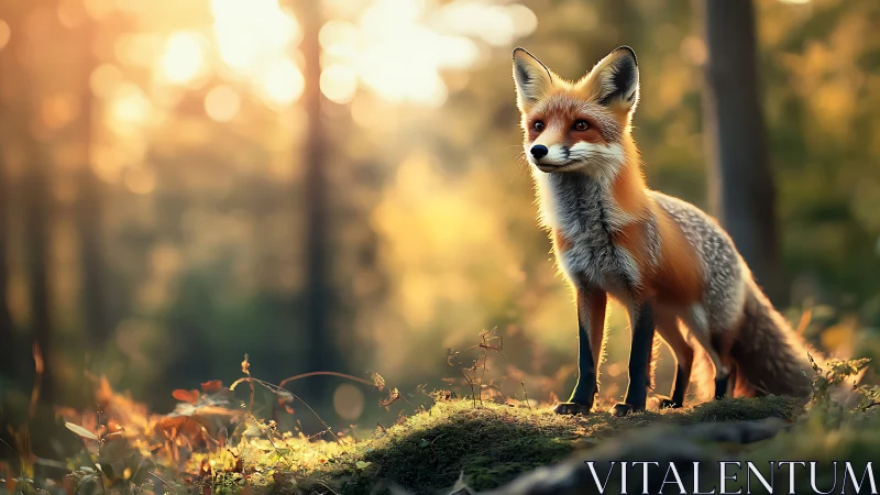 Red fox standing on mossy forest floor at sunset light.