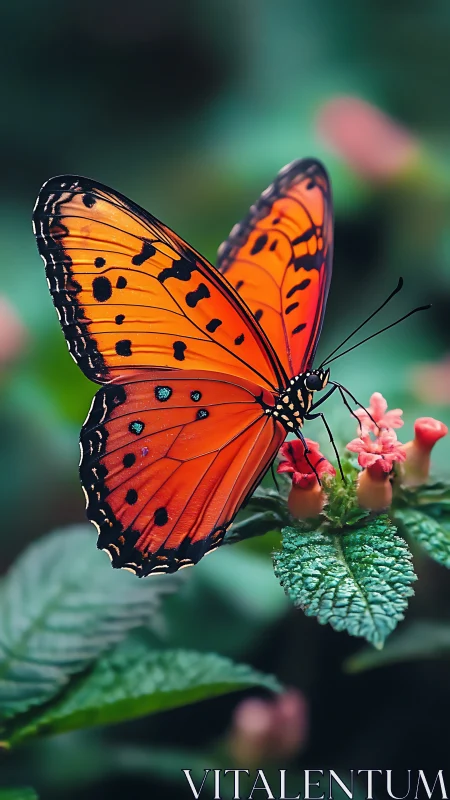 Macro capture of orange butterfly on textured green foliage