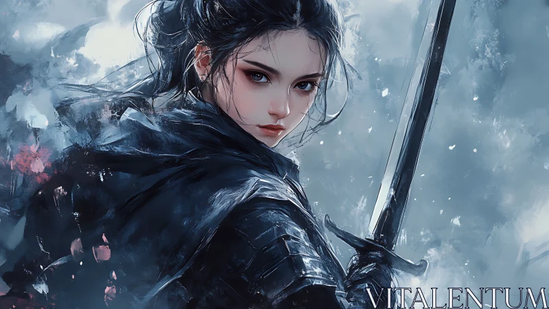 Winter-lit swordbearer pausing between storm and stillness.