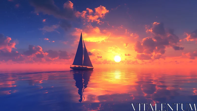 Solitary sailboat glides across a radiant sunset sea