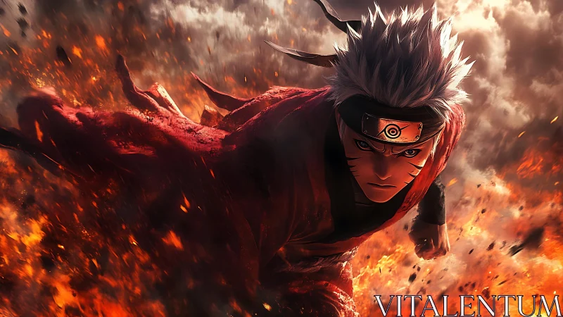 Anime warrior charges through explosive fiery battlefield