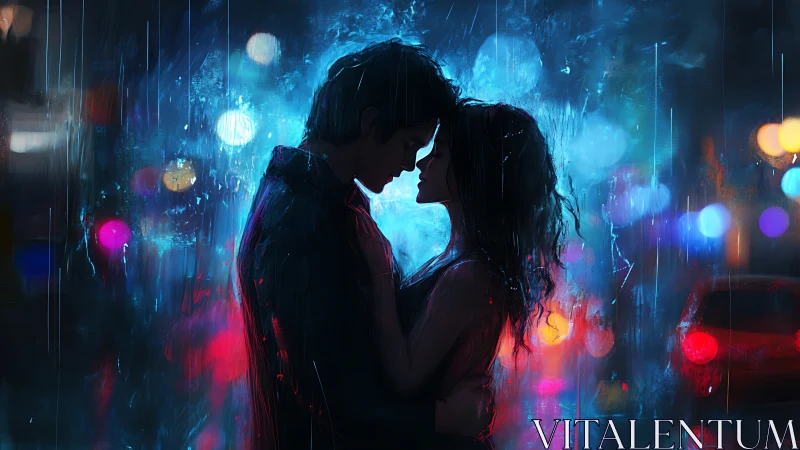 Silhouetted Couple Embracing Within Neon-Suffused Urban Rain