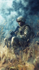 Solitary soldier resting amid smoke in sunlit grassland.