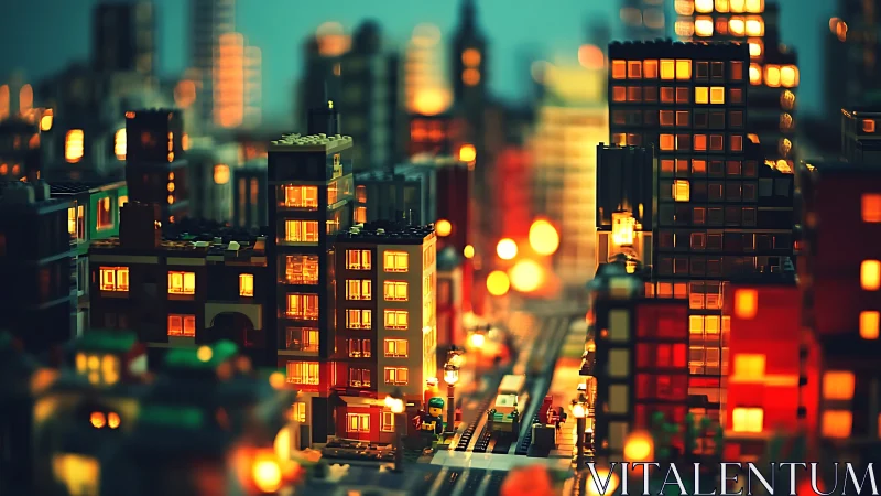 Lego night city glows with cinematic depth of field.