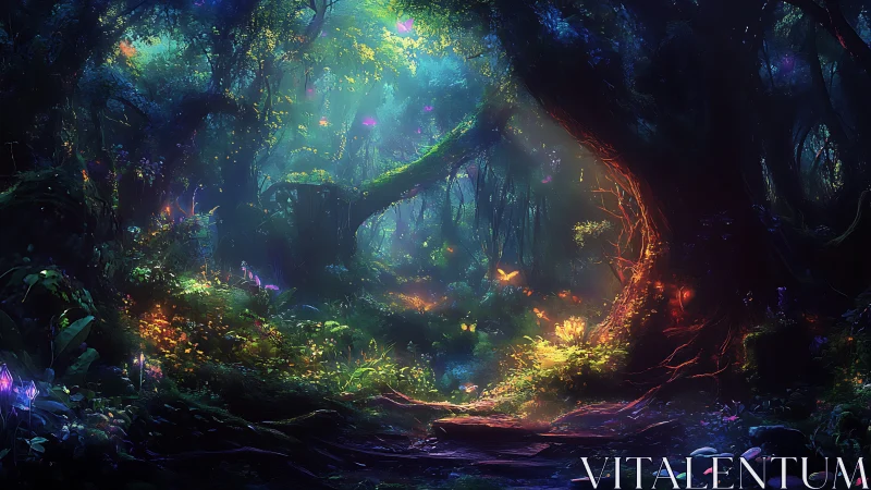 Bioluminescent Cave Ecosystem: Photosynthetic Flora and Radiant Spore Distribution.