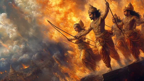 Epic mythic warriors advance through infernal battlefield.