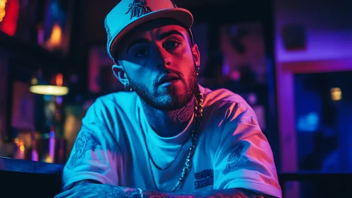 Moody neon portrait of tattooed man in urban bar interior.