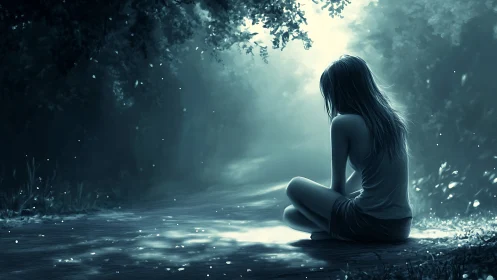 Solitary girl sits beside luminous forest path at dusk