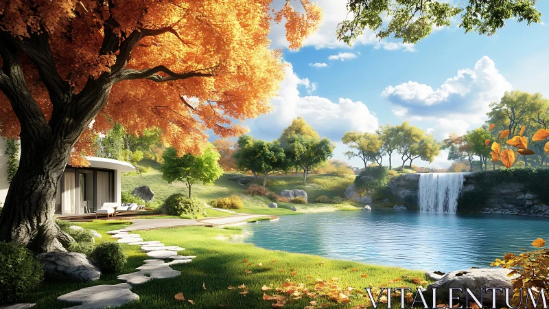 High-detail 3D lakeside villa with autumn foliage and waterfall lighting