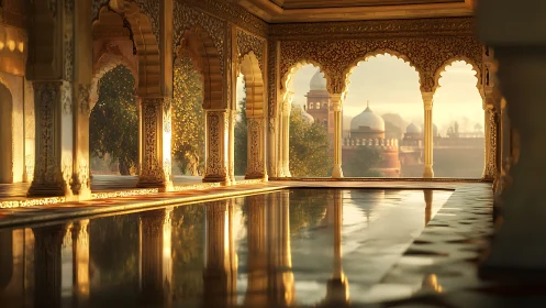 Golden Mughal arcade with reflective pool at sunrise.