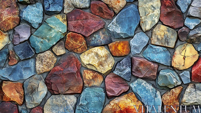 Colorful natural stone wall with mosaic pattern design.