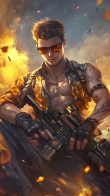 Armed action hero in explosive battlefield rendered as dynamic digital painting