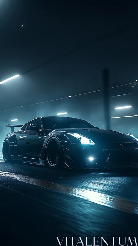 Black sports coupe under blue neon lights at night street.