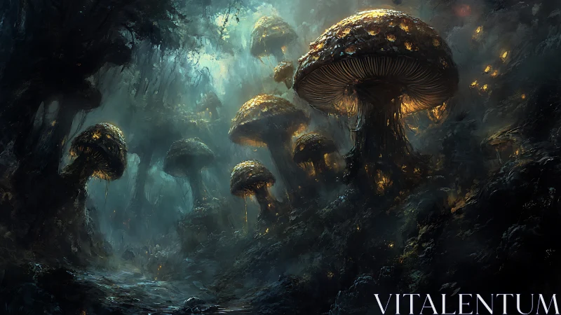 Bioluminescent fungal forest under moody cyan misted sky.