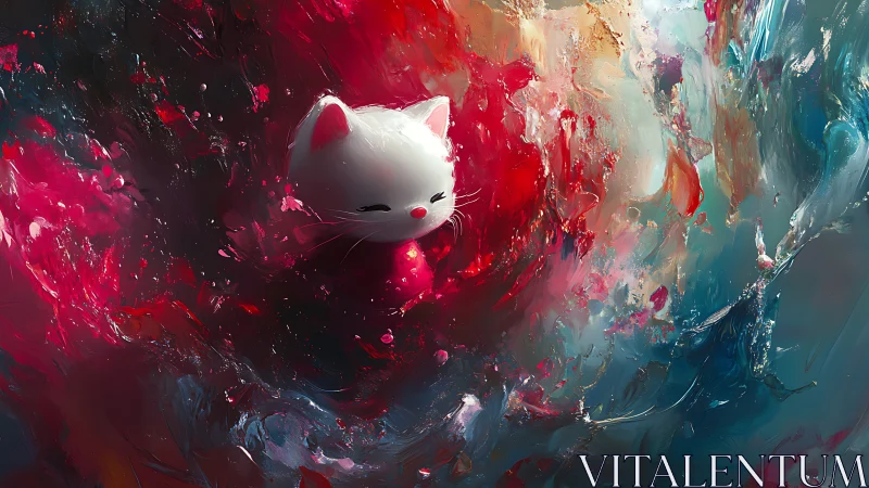 Starlit porcelain cat calmly drifts through a nebula storm