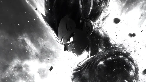 Brooding anime warrior amid explosive cosmic energy field.