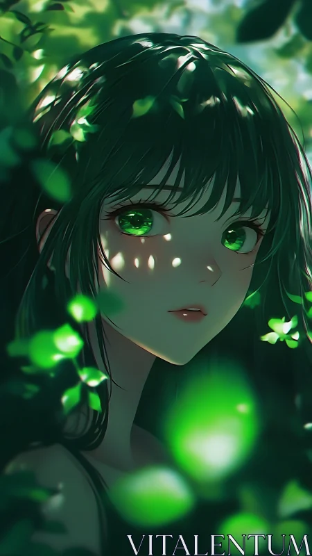 Forest-lit anime girl with emerald eyes in soft bokeh glow.