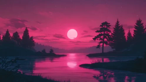 Neon magenta moonrise over conifer lake with mirror reflections