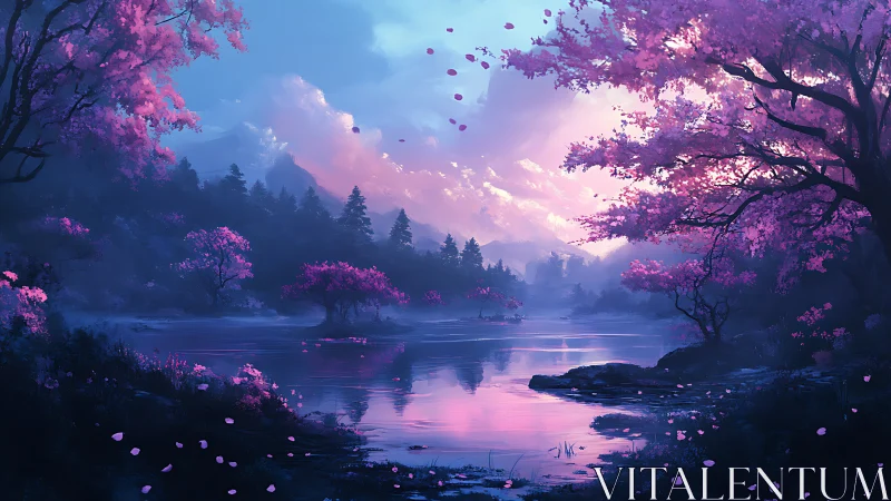 Pink blossom forest lake at sunset with misty mountains.