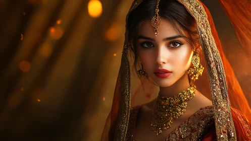 Bridal portrait in ornate gold jewelry with warm bokeh glow.