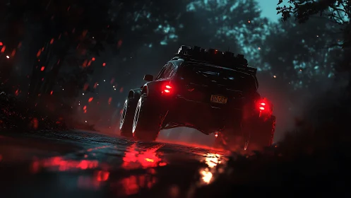 Off road night drive glowing with bold red reflections.
