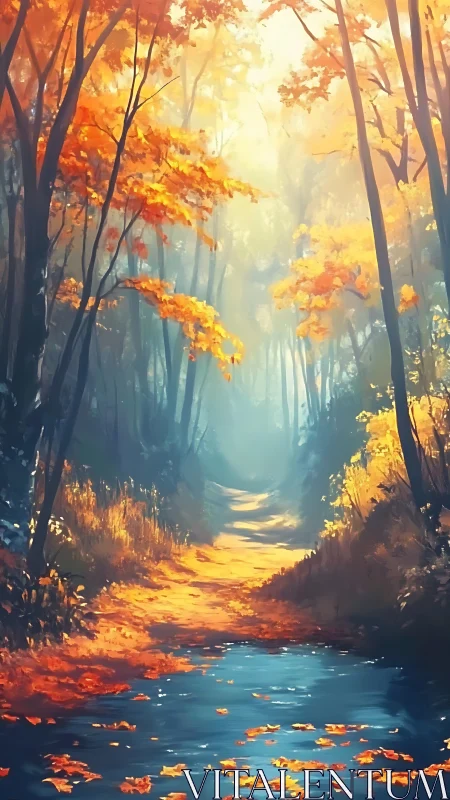 Autumn forest pathway with stream and canopy light.