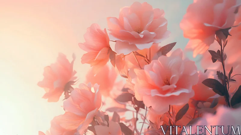 Soft focus pink blossoms against pale gradient background.