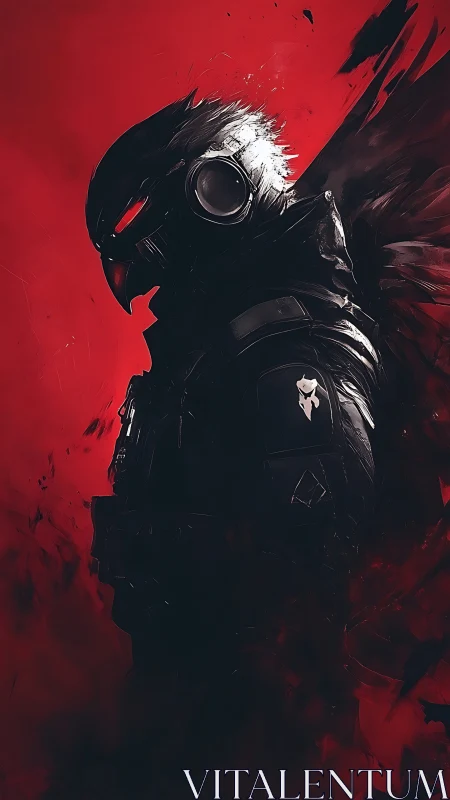 Armored avian-headed figure in profile against red field.