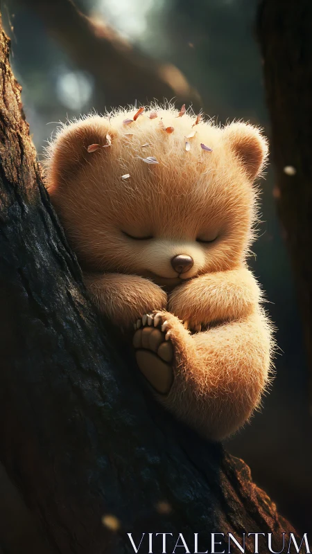 Petal-dusted teddy cub naps in a sun-dappled forest cradle