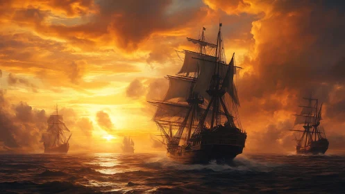 Sunlit tall ships cutting through storm-tinted golden seas.