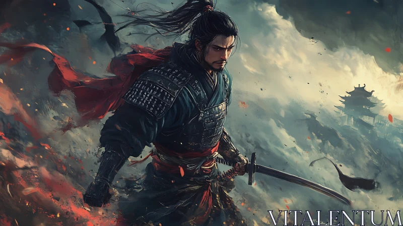 Armored samurai strides through storm-lit battlefield with katana drawn