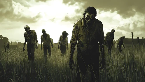 Zombie horde advancing through tall field at dusk.