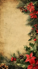 Vintage botanical Christmas border with poinsettia framing.