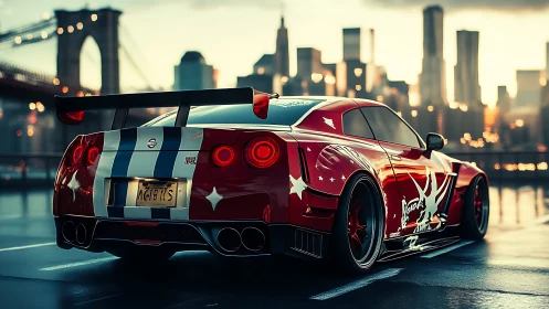 Custom red Nissan GT-R dominates wet city bridge at dusk.