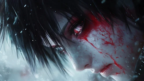 Bloodstained anime face in cold falling snow close-up portrait.