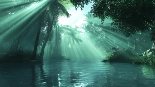 Volumetric sunlight penetrates dense tropical river canopy