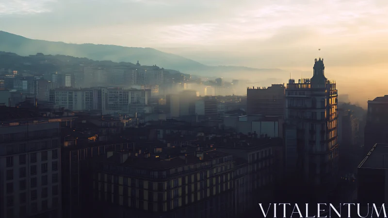 Sunrise mist settles over a quiet urban skyline.