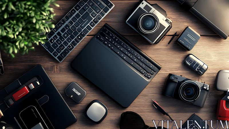 Overhead layout of modern camera, laptop and tech gear on desk