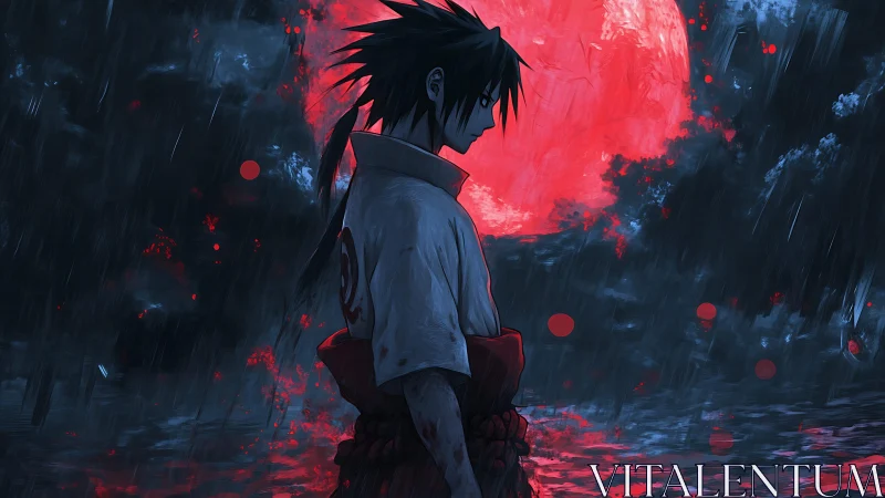 Anime swordsman stands in rain before glowing red moon