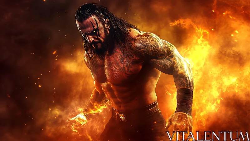 Tattooed muscular warrior surrounded by intense raging fire.