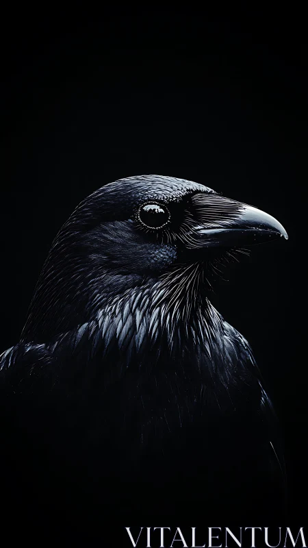 Close-up profile portrait of black raven on dark background.