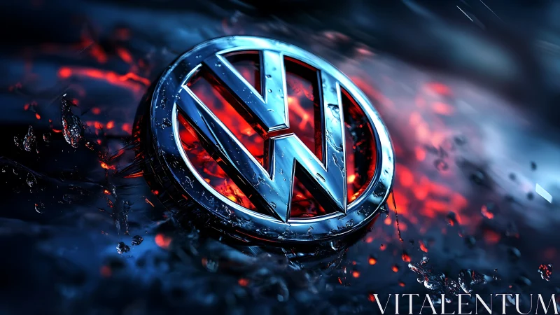 Gleaming chrome car emblem glowing in vivid blue and red.