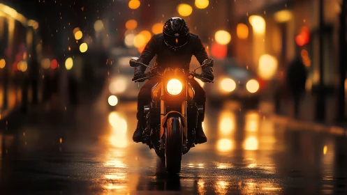 Motorcyclist rides through wet city street at night.