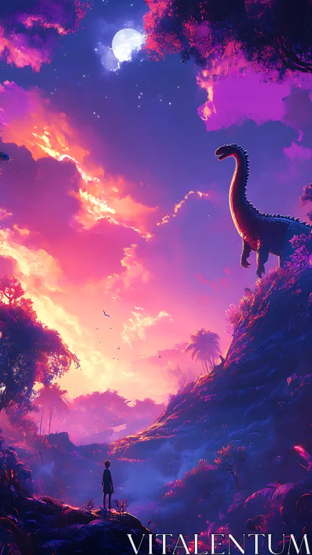 Neon twilight valley with dinosaur silhouette in fantasy palette.