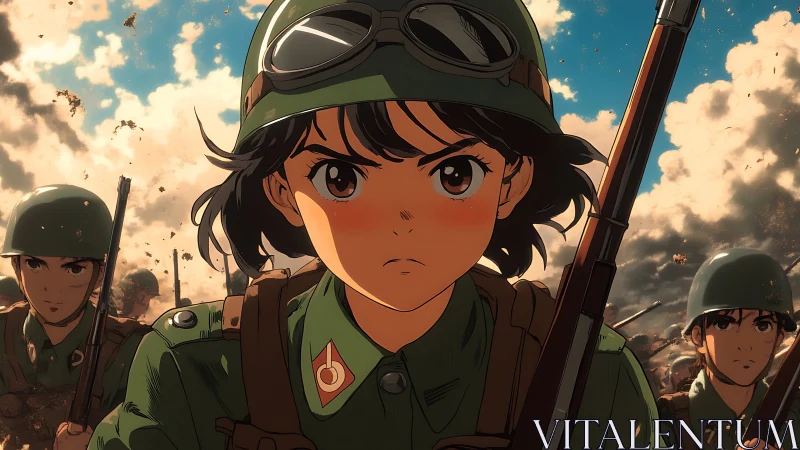 Female anime soldier leading infantry unit in battle line.